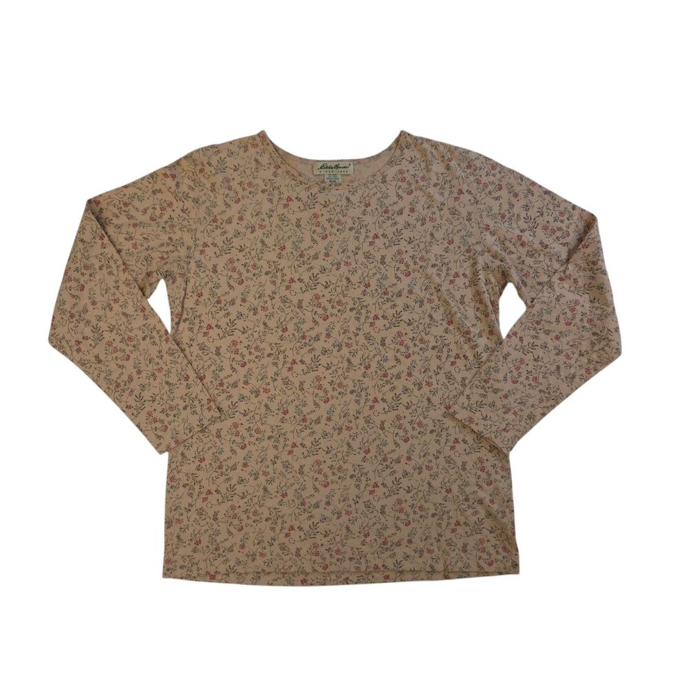 Vtg Eddie Bauer Floral Long Sleeve Shirt Tan Beige Women's M Cotton Cottagecore